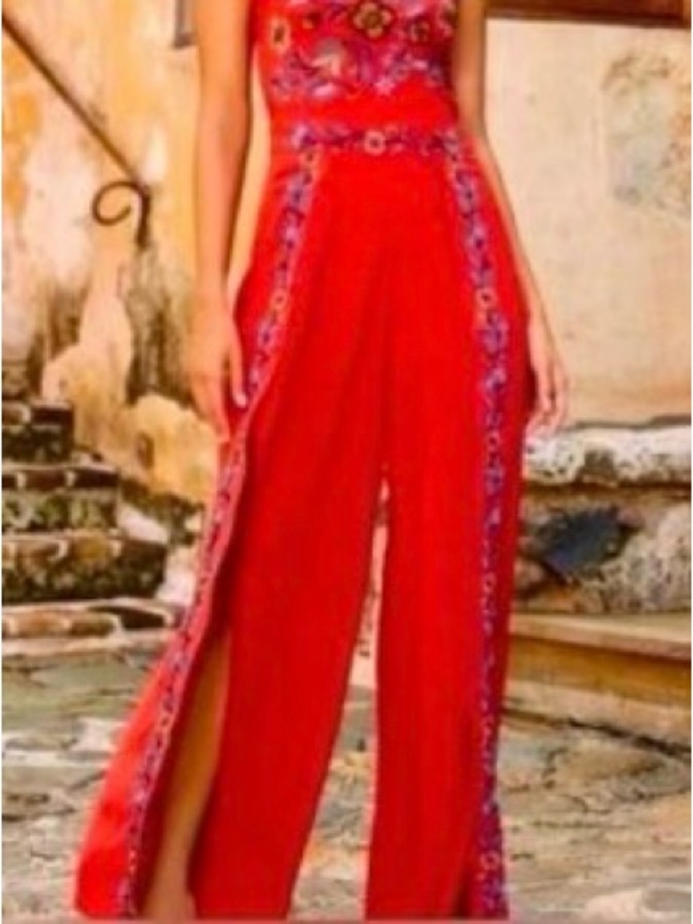 Boston Proper Red Strapless Embroidered Wide-Leg Jumpsuit
